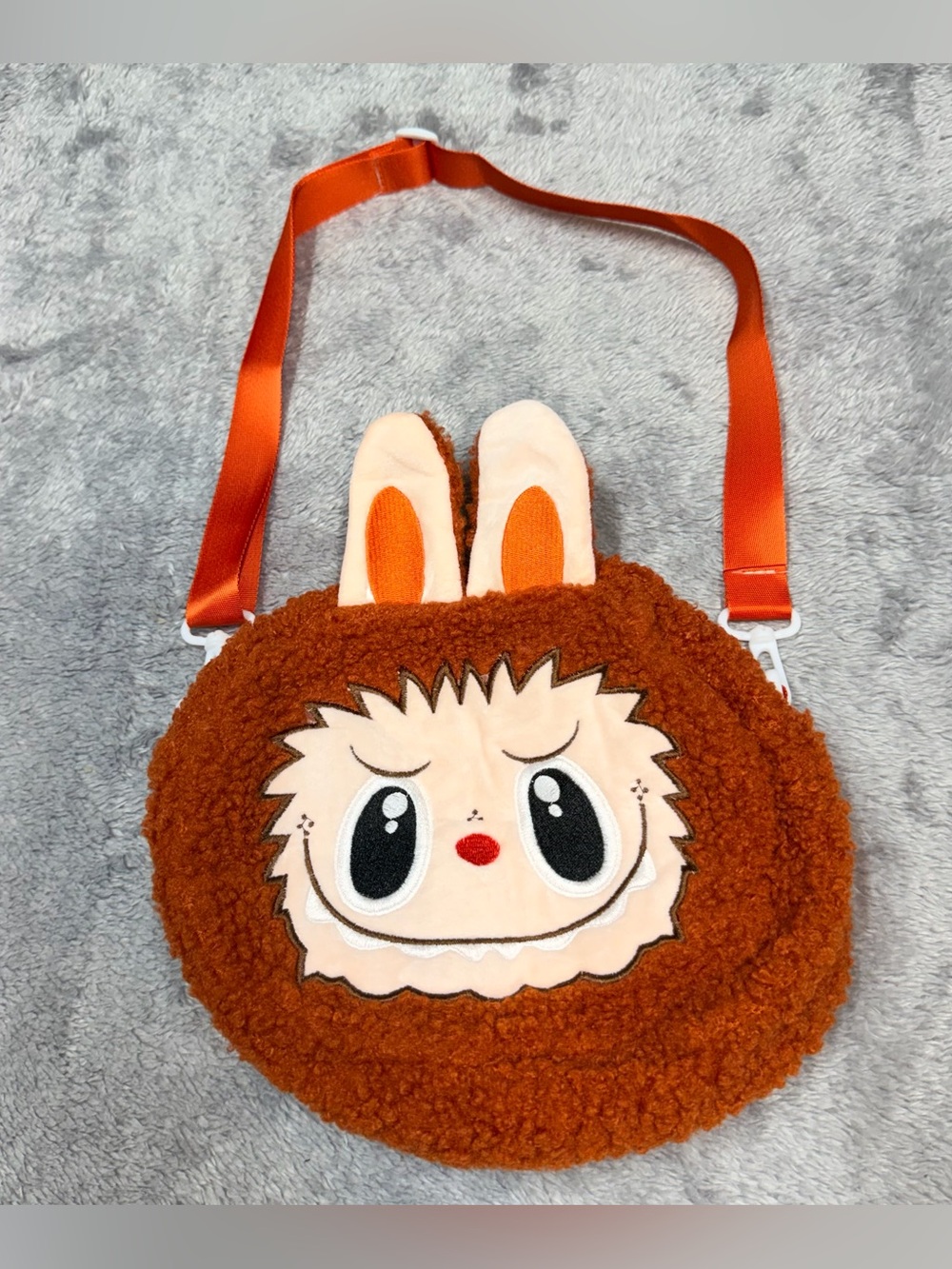Cute Brown Plush Bunny Face Kids Crossbody Bag with Orange Strap